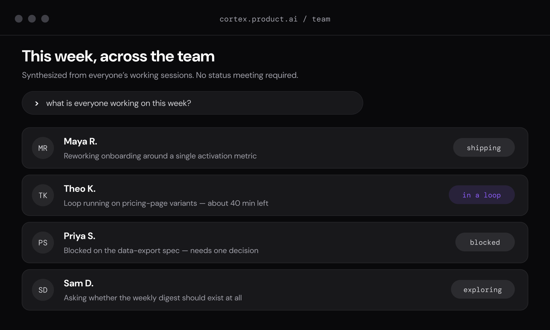 A team status view synthesized from everyone’s working sessions, showing who is shipping, looping, blocked, or exploring.