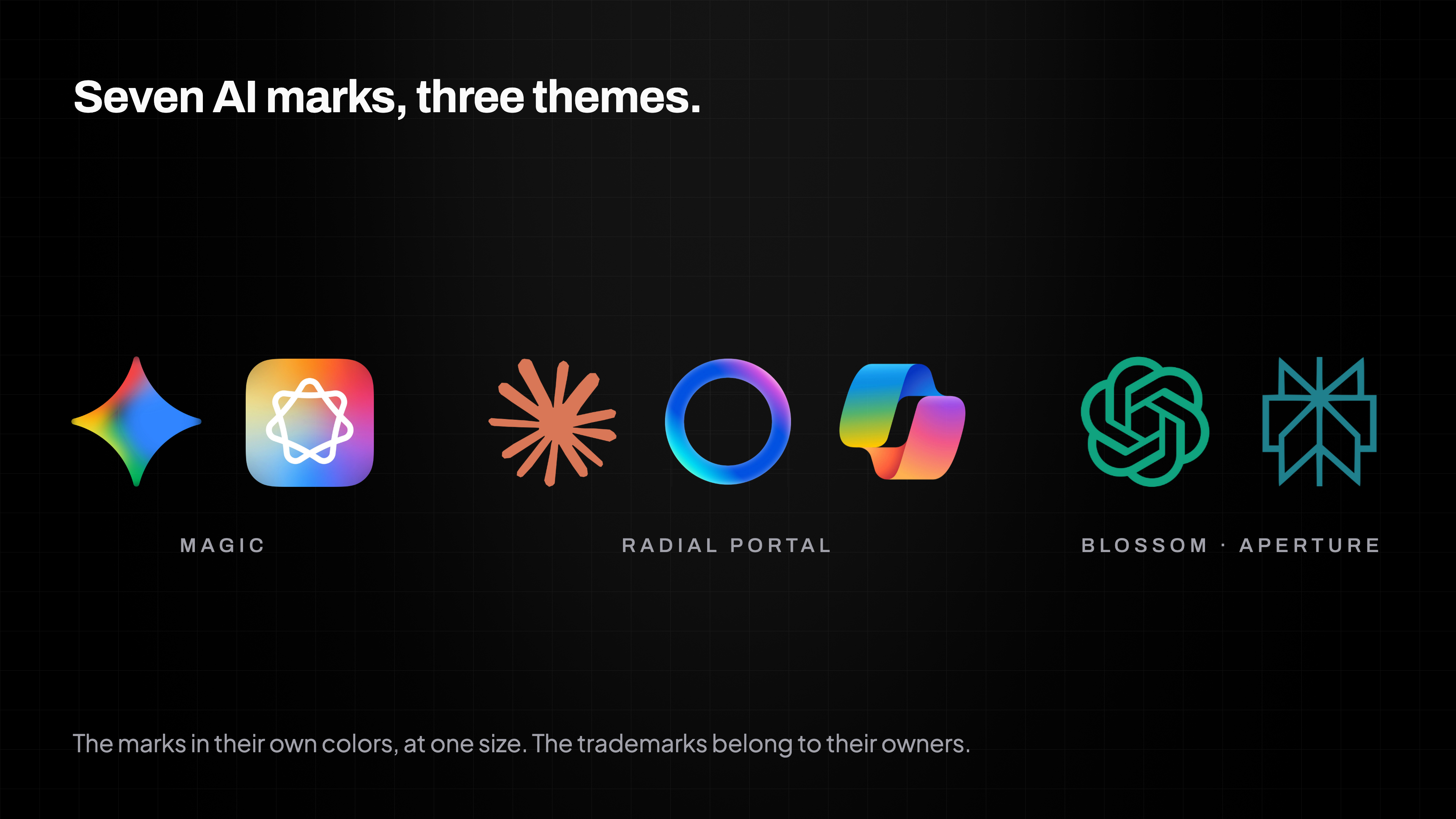 A row of seven AI company marks, each in its own brand colors and all at one size, grouped and labeled: magic (Gemini, Apple Intelligence), radial portal (Claude, Meta AI, Copilot), blossom and aperture (ChatGPT, Perplexity).