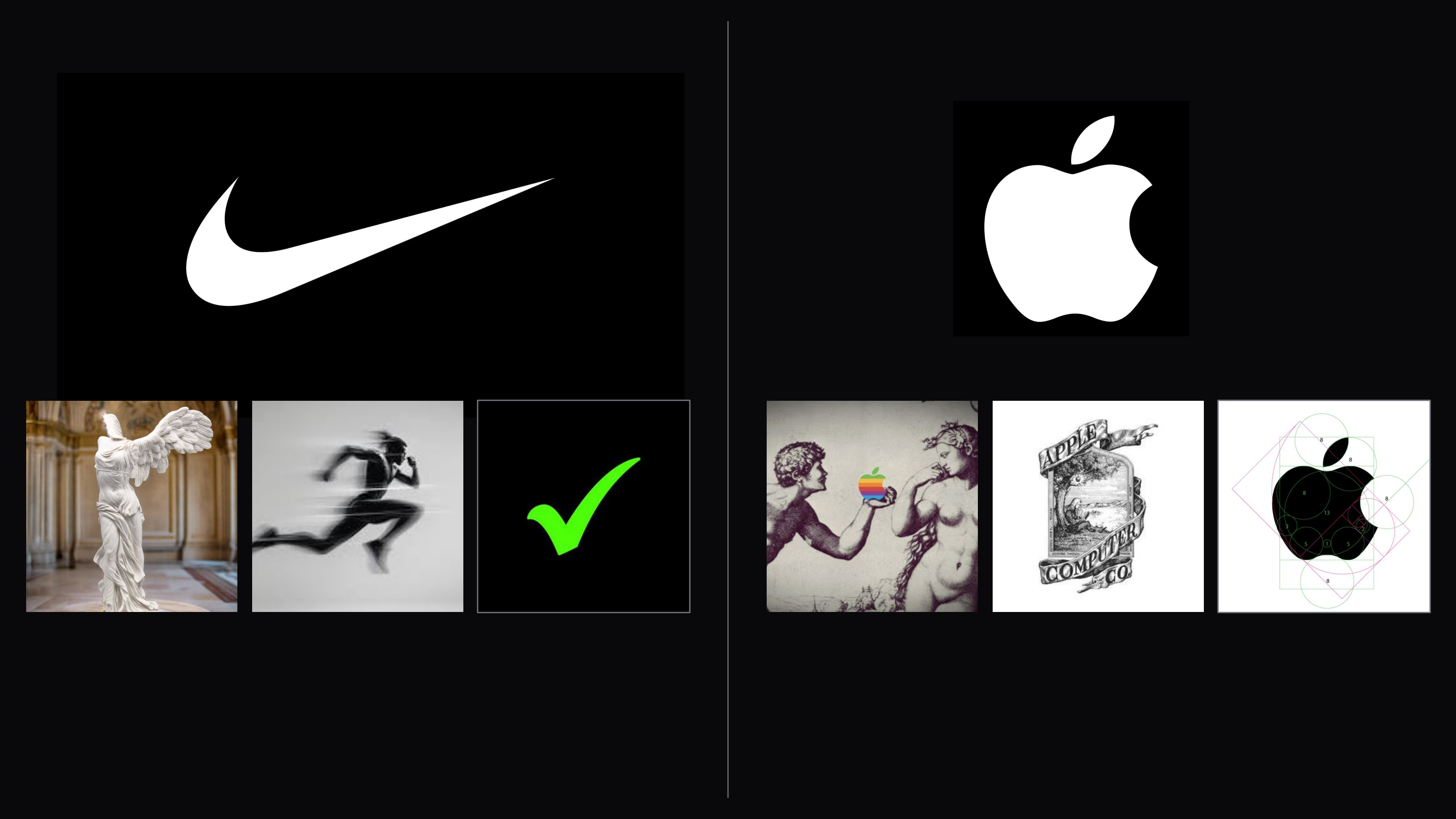 My keynote slide: the Nike swoosh above three small pictures, the winged goddess, a runner and a checkmark; the Apple mark above three, the fruit in Eden, the Newton engraving and a geometric construction of the apple.