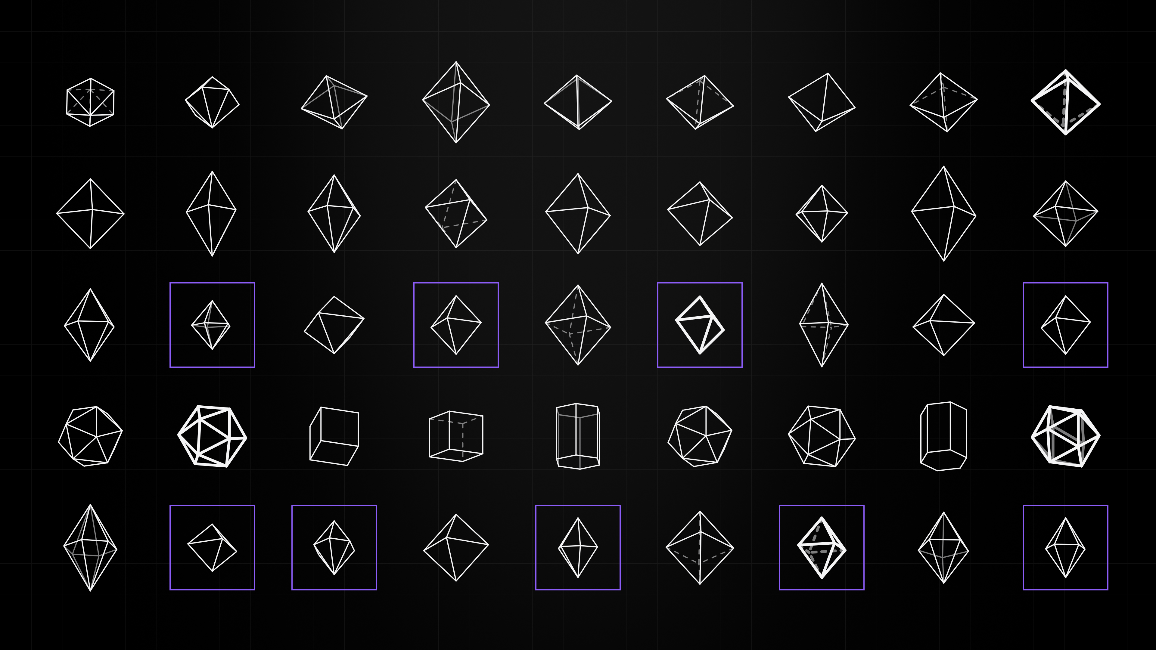 A grid of forty-five small white wireframe drawings of diamonds and polyhedra on black, nine of them framed in violet squares.
